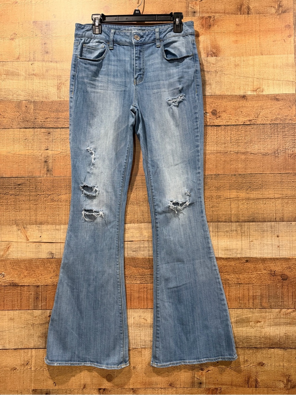 American Eagle High Rise Artist Stretch Distressed Flare Blue Jeans Size 10 Long